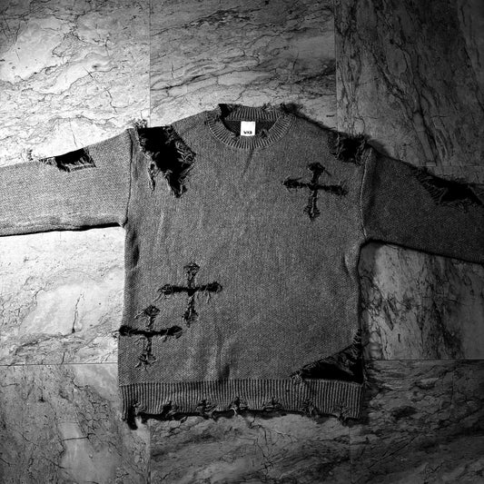 "SACRIFICE" Grunge Crucifix Distressed Layered Knit