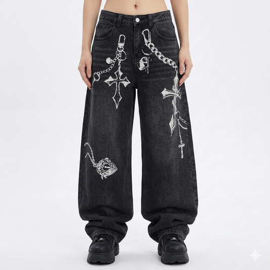 ARCHAIC SHADOW: Oversized Graphic Grunge Denim